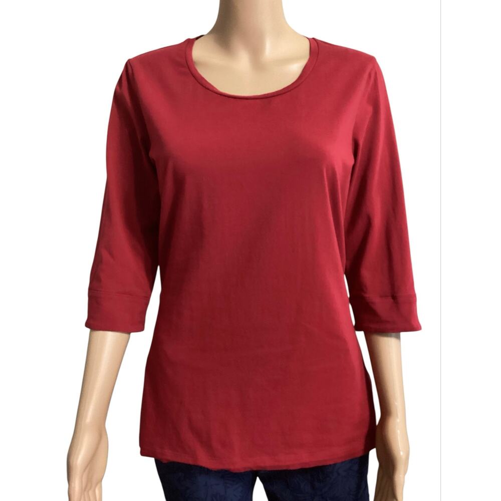 BURBERRY London Red 3/4 Sleeve Tee Nova Check Flip Cuff Scoop Neck‎ Top M